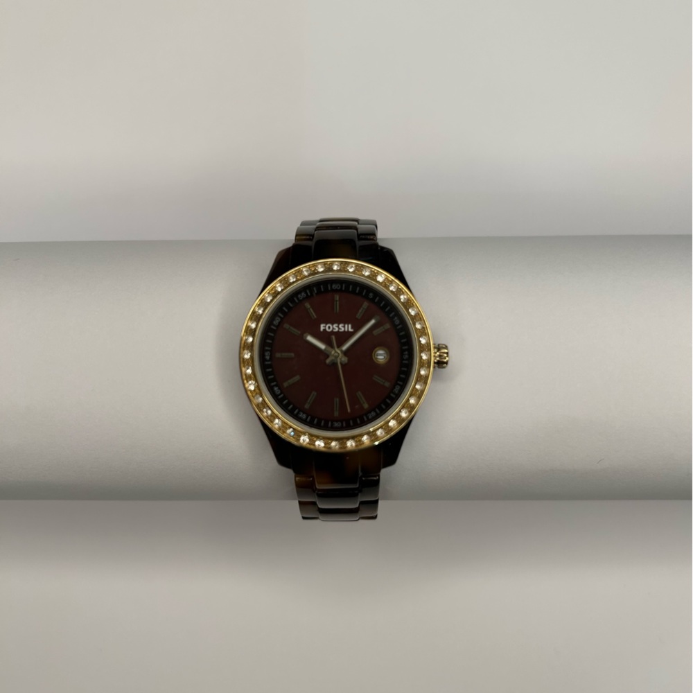 Fossil Women's Black Bracelet Watch with Gold Bezel and Brown Dial